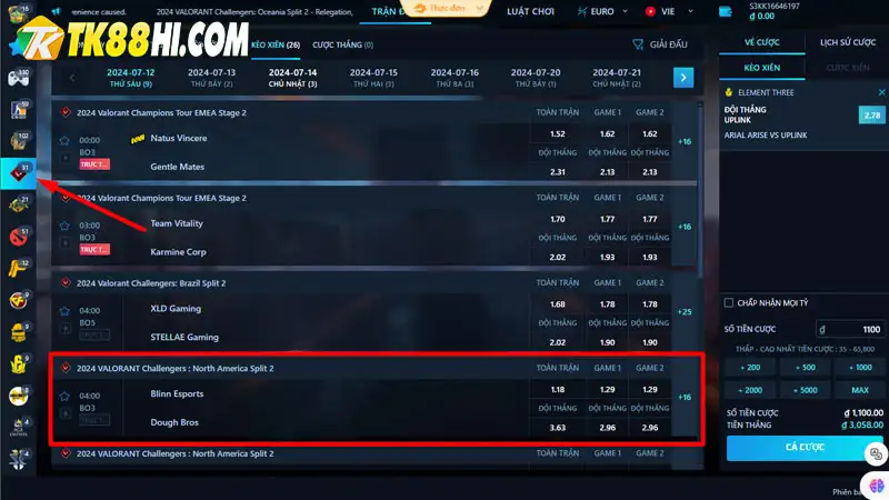 Chọn trận đấu Valorant để đặt cược