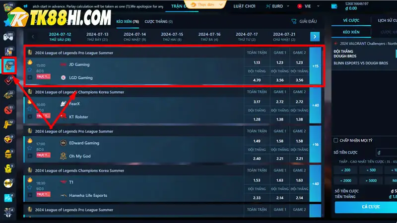 Chọn trận đấu để đặt cược Liên Minh TK88