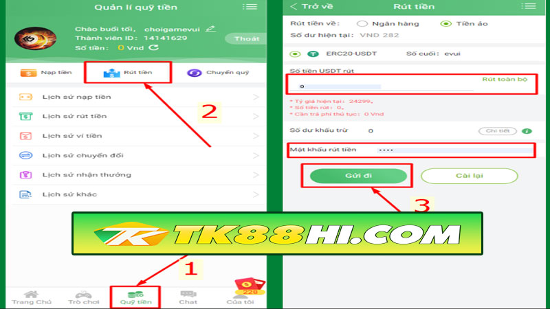 Hướng dẫn rút tiền TK88 bằng ví USDT