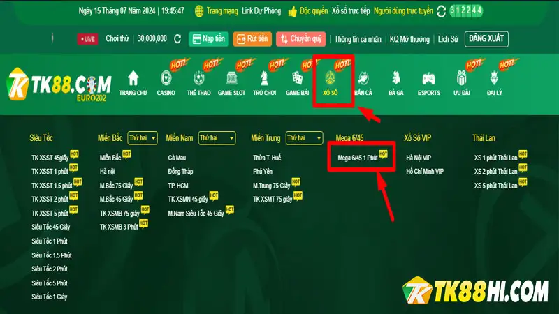 Hướng dẫn tham gia xổ số Mega 6/45 trên trang web Tk88