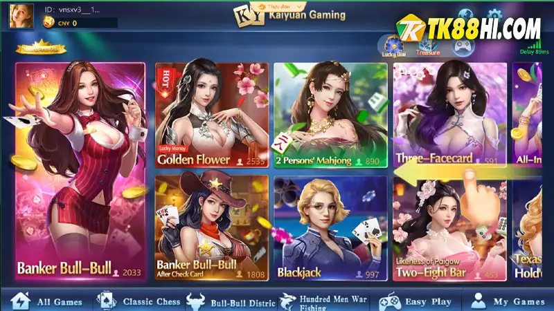 Lựa chọn trò chơi game bài trong sảnh KY