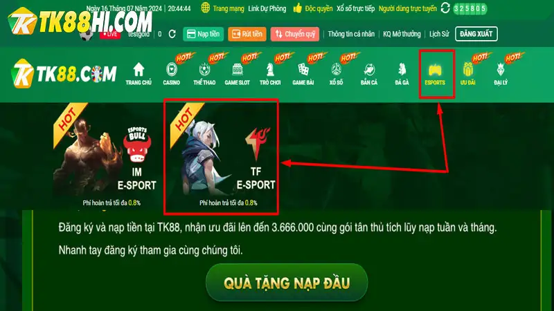 Truy cập vào trang Esports TK88